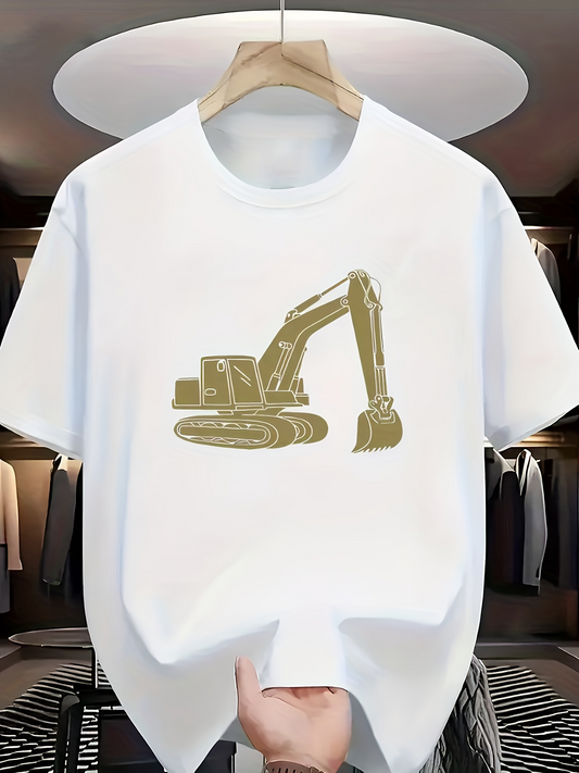 Men's Graphic T-Shirt Metallic Machinery Featuring Industrial Power Among Construction Site Excavator