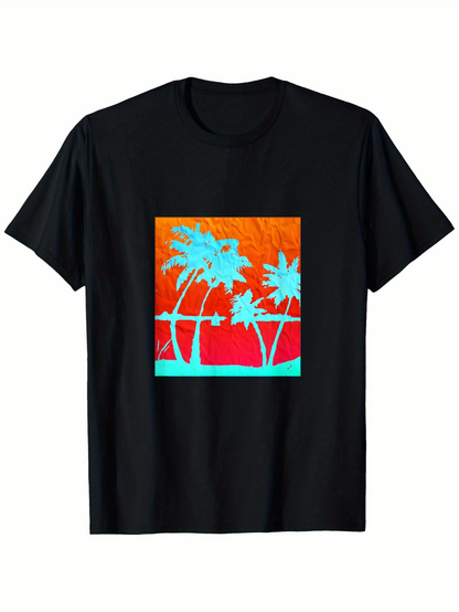 Men's Graphic T-Shirt Vivid Orange And Turquoise Sunset Silhouette With Palm Trees