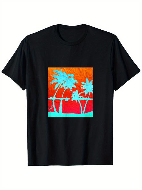 Men's Graphic T-Shirt Vivid Orange And Turquoise Sunset Silhouette With Palm Trees
