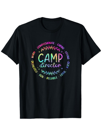 Men's Graphic T-Shirt Camp Director Colorful Fun Words Encircled With Branches On Black Shirt