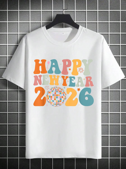 Men's Graphic T-Shirt Happy New Year 2026 Colorful Letters With Confetti Accents Celebration T Shirt