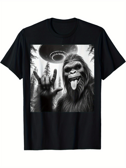 Men's Graphic T-Shirt Playful Bigfoot In Forest With UFO Hovering Above Sasquatch