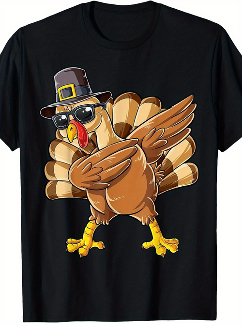 Men's Graphic T-Shirt Cartoon Turkey Wearing Glasses With Pilgrim Hat Thanksgiving Bird