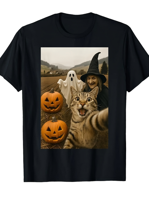 Men's Graphic T-Shirt Autumn Fields With Cat Taking Selfie Beside Pumpkins And Witch