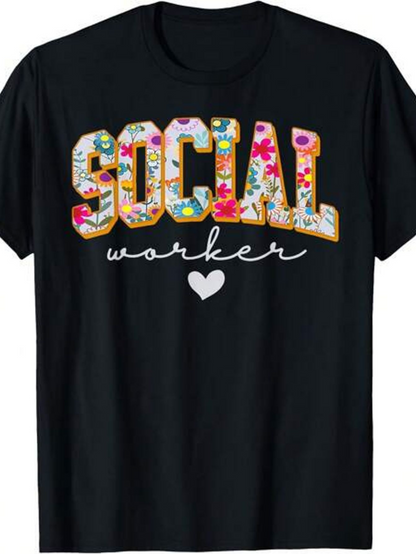 Men's Graphic T-Shirt Social Worker Colorful Floral Cartoon Letters With White Heart Central Text