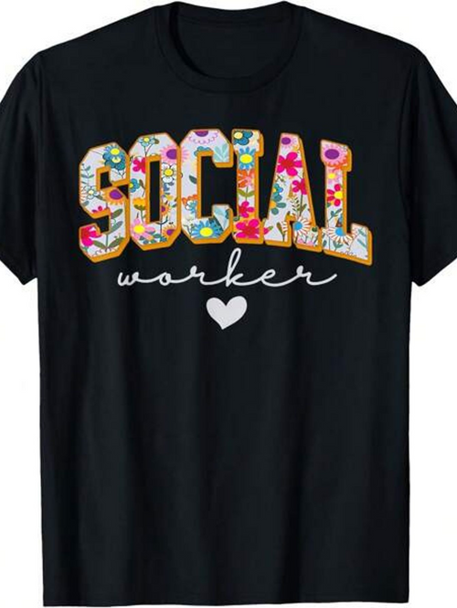 Men's Graphic T-Shirt Social Worker Colorful Floral Cartoon Letters With White Heart Central Text