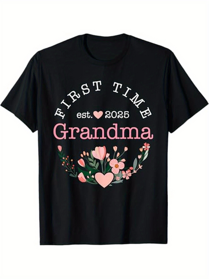 Men's Graphic T-Shirt First Time Grandma Bright Blossoms With Pink Hearts Surrounding Flower