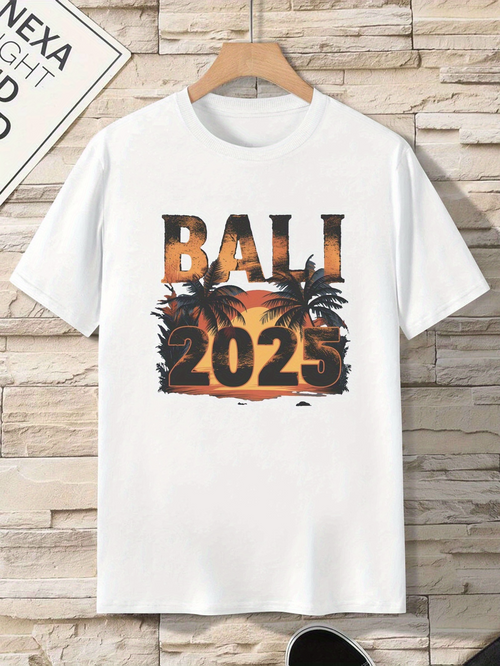 Men's Graphic T-Shirt Bali 2025 Sunset Palms With Silhouetted Trees Over Orange Glow Beach
