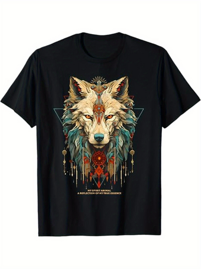 Men's Graphic T-Shirt Sacred Tribal Elements With Spiritual Accents Surrounding Mystical Wolf