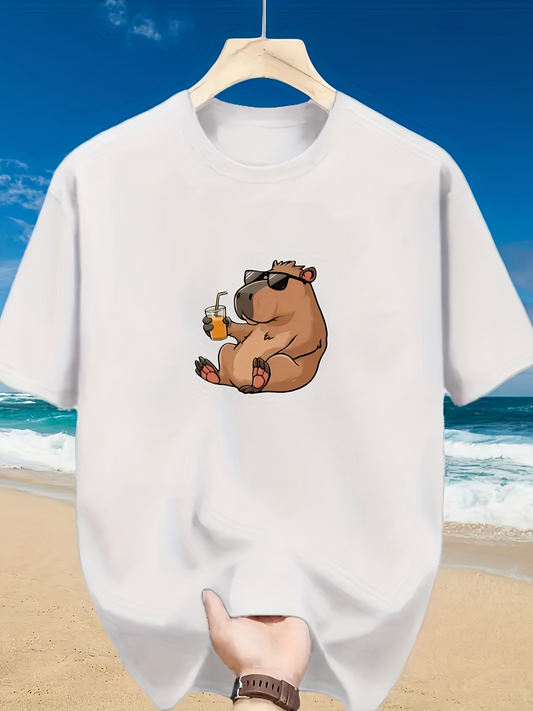 Men's Graphic T-Shirt Cartoon Capybara Relaxing On Beach With Sunglasses And Cocktail