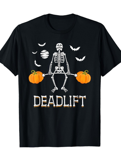 Men's Graphic T-Shirt Deadlift Skeleton Holding Bar With Pumpkins And Flying Bats