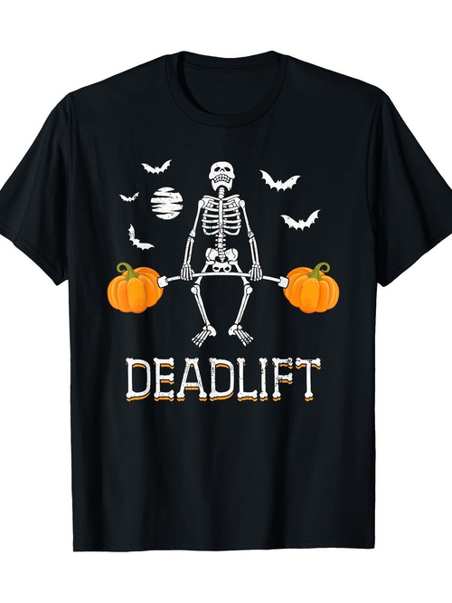 Men's Graphic T-Shirt Deadlift Skeleton Holding Bar With Pumpkins And Flying Bats