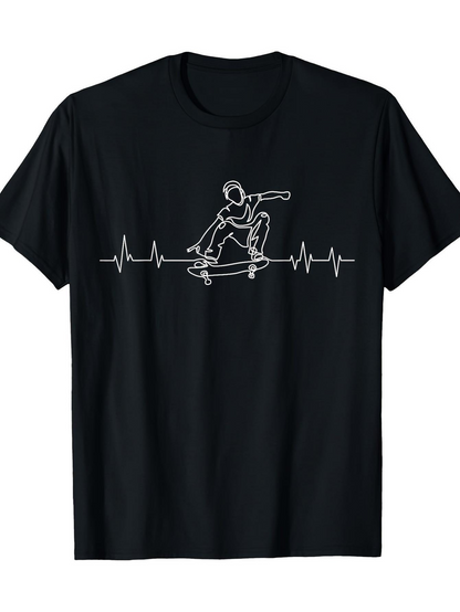 Men's Graphic T-Shirt Line Art Pulse Pattern With Skater On Black Tee Skateboard