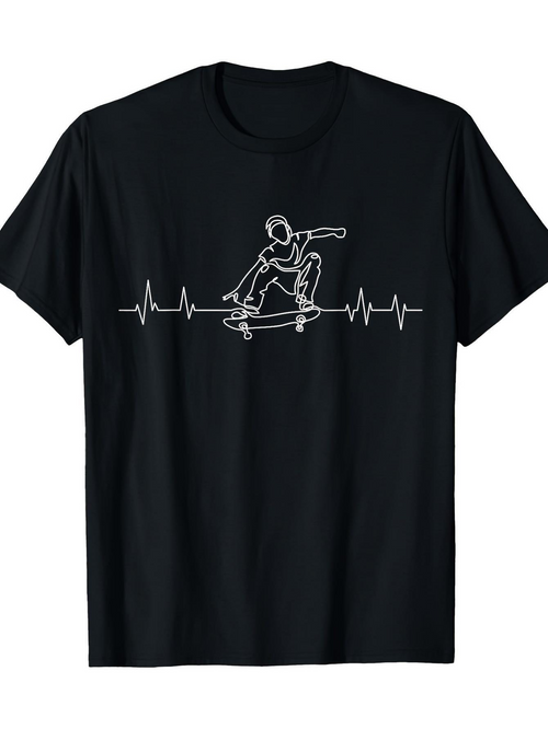 Men's Graphic T-Shirt Line Art Pulse Pattern With Skater On Black Tee Skateboard