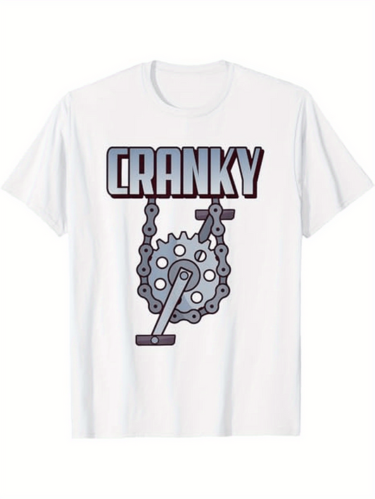 Men's Graphic T-Shirt Cranky Metallic Text Above Bicycle Chainring Crankset Mechanism TShirt