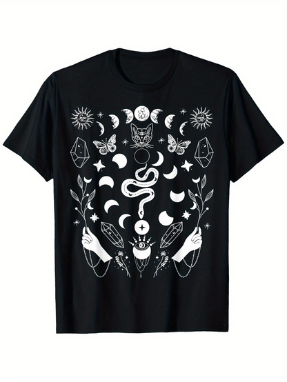 Men's Graphic T-Shirt Hand Drawn Moon Phases With Snake Surrounded By Stars Botanical Symbols Cat