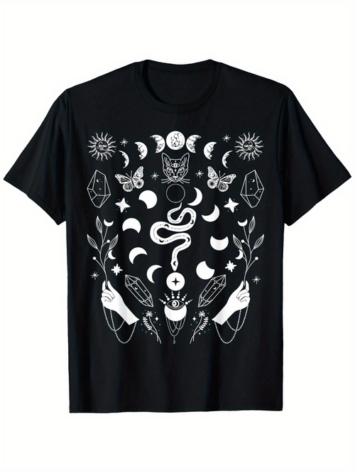 Men's Graphic T-Shirt Hand Drawn Moon Phases With Snake Surrounded By Stars Botanical Symbols Cat