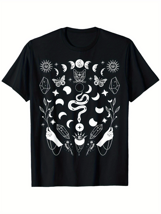 Men's Graphic T-Shirt Hand Drawn Moon Phases With Snake Surrounded By Stars Botanical Symbols Cat