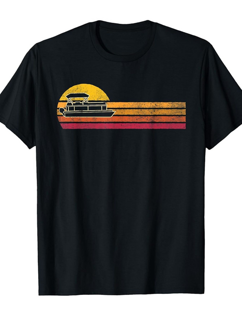 Men's Graphic T-Shirt Retro Sunset With Striped Lines Over Calm Lake And Fishing Boat