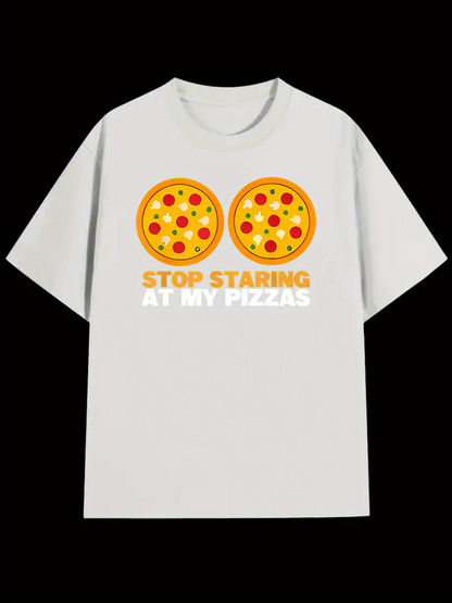 Men's Graphic T-Shirt Stop Staring At My Pizzas With Cartoon Pepperoni Pizza Slices On White Shirt