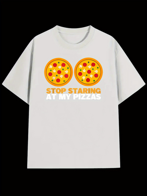 Men's Graphic T-Shirt Stop Staring At My Pizzas With Cartoon Pepperoni Pizza Slices On White Shirt