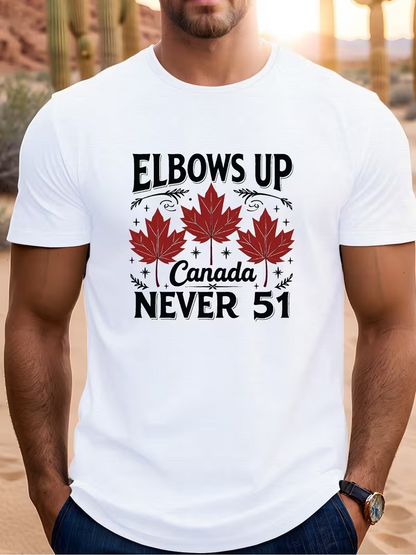Men's Graphic T-Shirt Elbows Up Canada Never 51 Maple Leaves On White Fabric