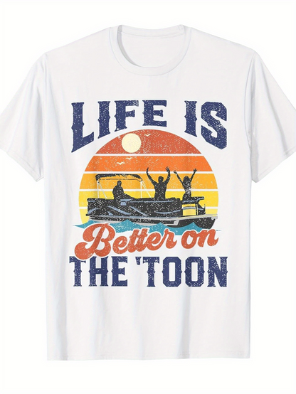 Men's Graphic T-Shirt Life Is Better On The Toon Retro Sunset With Boat Silhouette And Joyful People