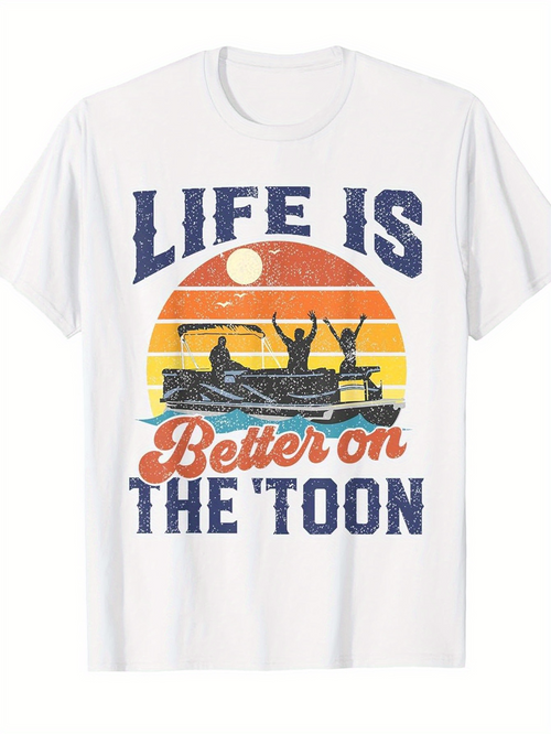 Men's Graphic T-Shirt Life Is Better On The Toon Retro Sunset With Boat Silhouette And Joyful People