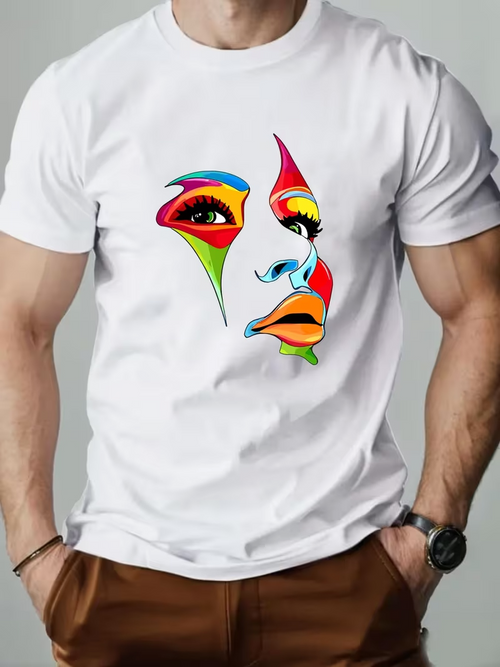 Men's Graphic T-Shirt Vivid Color Blocking Expression With Painted Abstract Female Face