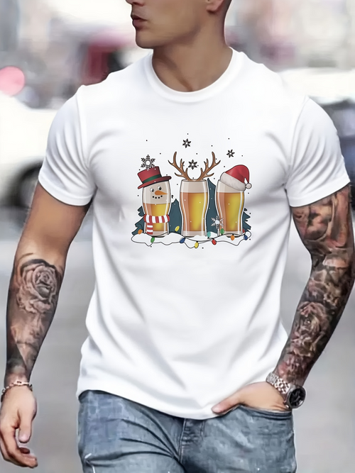 Men's Graphic T-Shirt Christmas Hats Snow And Cheerful Reindeer With Festive Beer Glasses