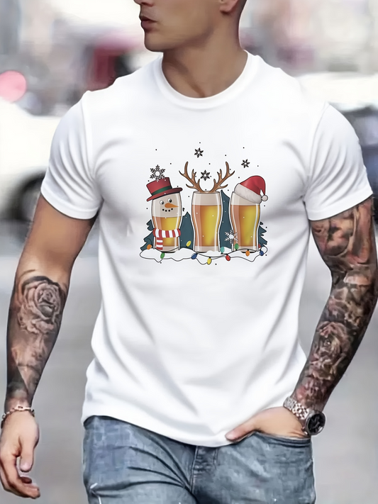 Men's Graphic T-Shirt Christmas Hats Snow And Cheerful Reindeer With Festive Beer Glasses