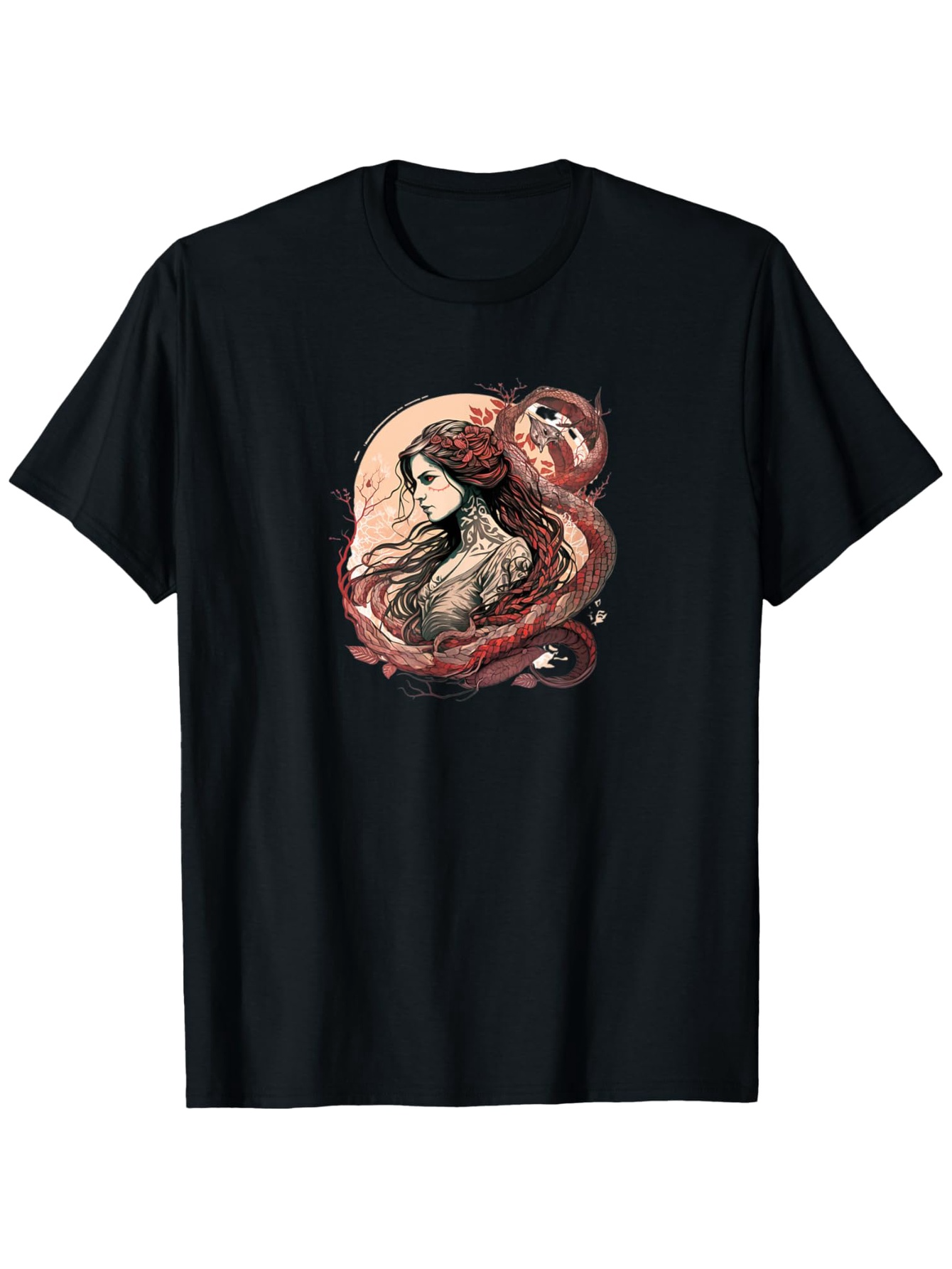 Men's Graphic T-Shirt Mysterious Enchantress With Flowing Hair Among Red Mystical Serpent