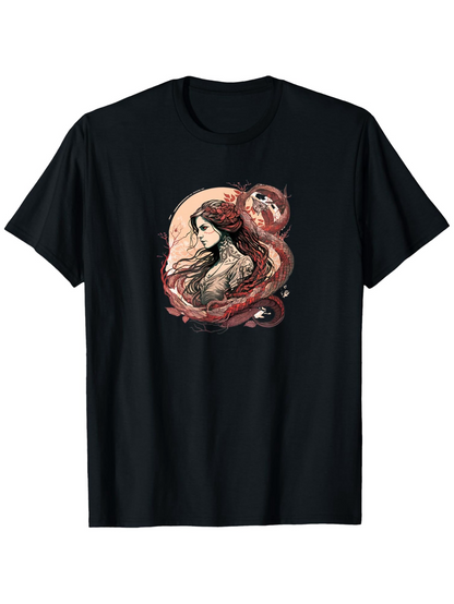 Men's Graphic T-Shirt Mysterious Enchantress With Flowing Hair Among Red Mystical Serpent