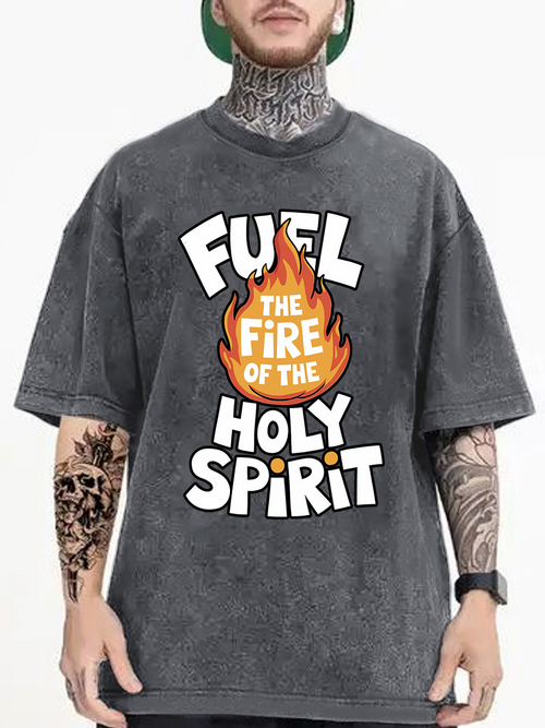 Men's Graphic T-Shirt Fuel The Fire Of The Holy Spirit Bold Lettering With Cartoon Style Flame Graphic T Shirt