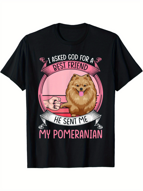 Men's Graphic T-Shirt I Asked God For A Best Friend He Sent Me My Pomeranian Cute Cartoon Fluffy Dog Surrounded By Pink Circle Art Pomeranian