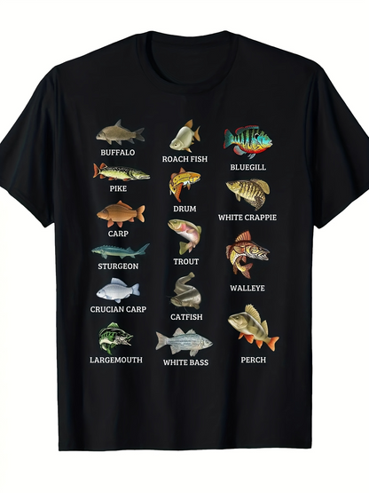 Men's Graphic T-Shirt Buffalo Pike Carp Sturgeon Catfish Perch Swimming Among Freshwater River Fish