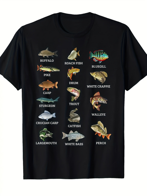 Men's Graphic T-Shirt Buffalo Pike Carp Sturgeon Catfish Perch Swimming Among Freshwater River Fish