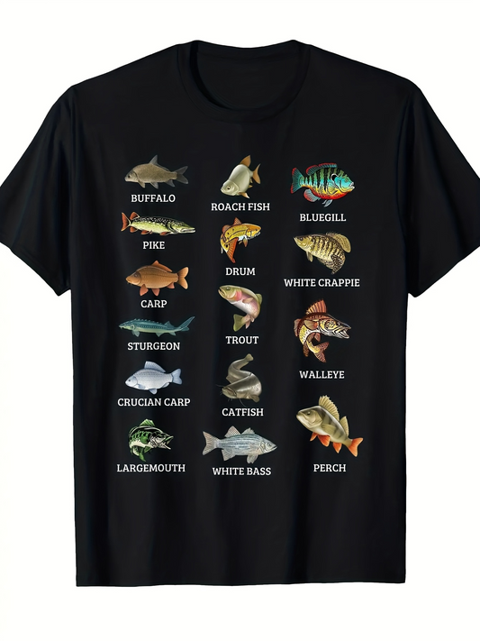 Men's Graphic T-Shirt Buffalo Pike Carp Sturgeon Catfish Perch Swimming Among Freshwater River Fish