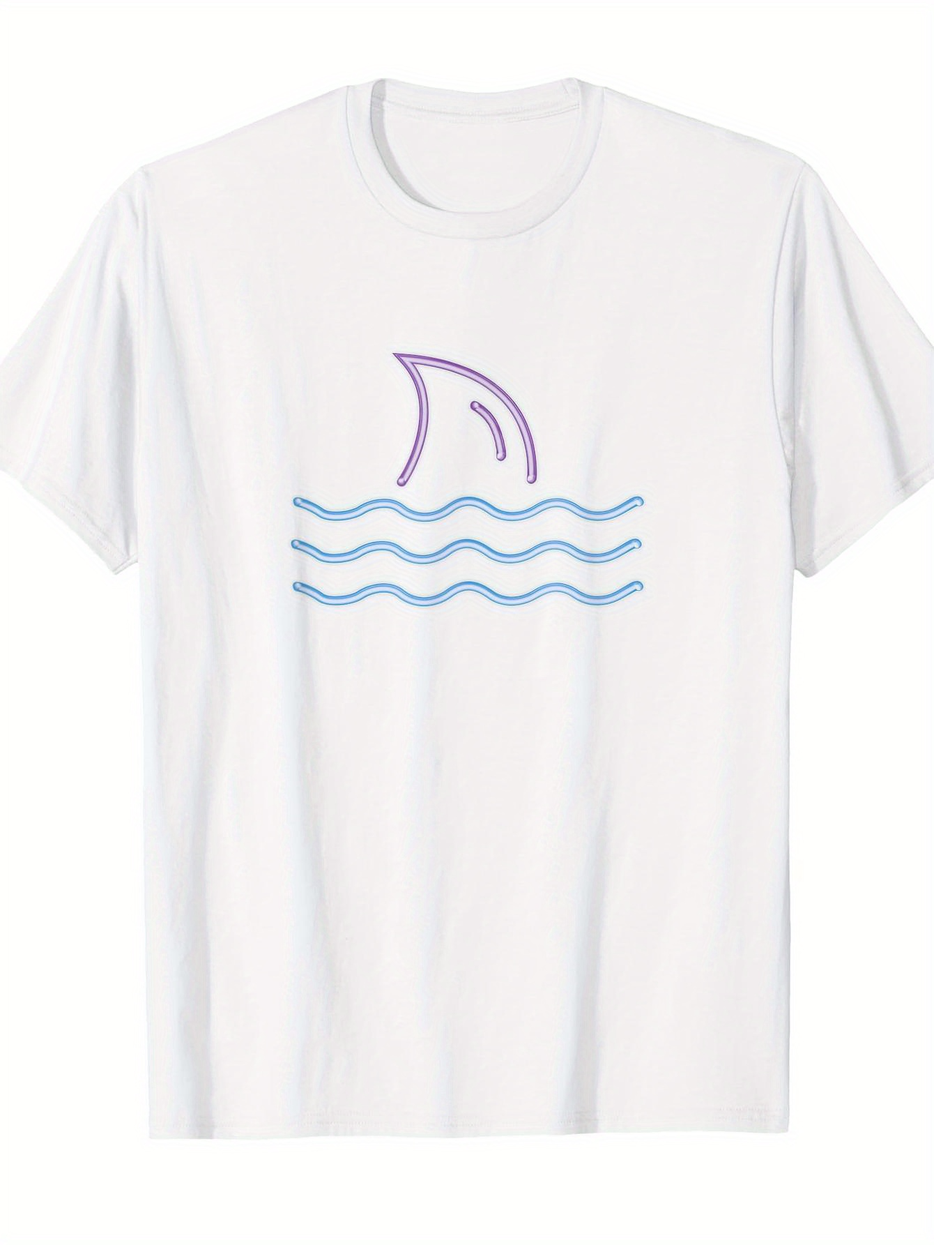 Men's Graphic T-Shirt Minimalist Blue Waves With A Shark Fin Under Sunlight Sea