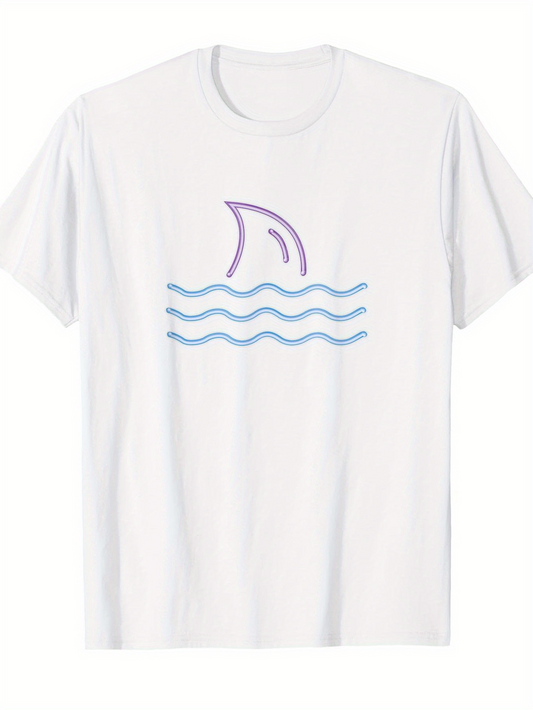Men's Graphic T-Shirt Minimalist Blue Waves With A Shark Fin Under Sunlight Sea