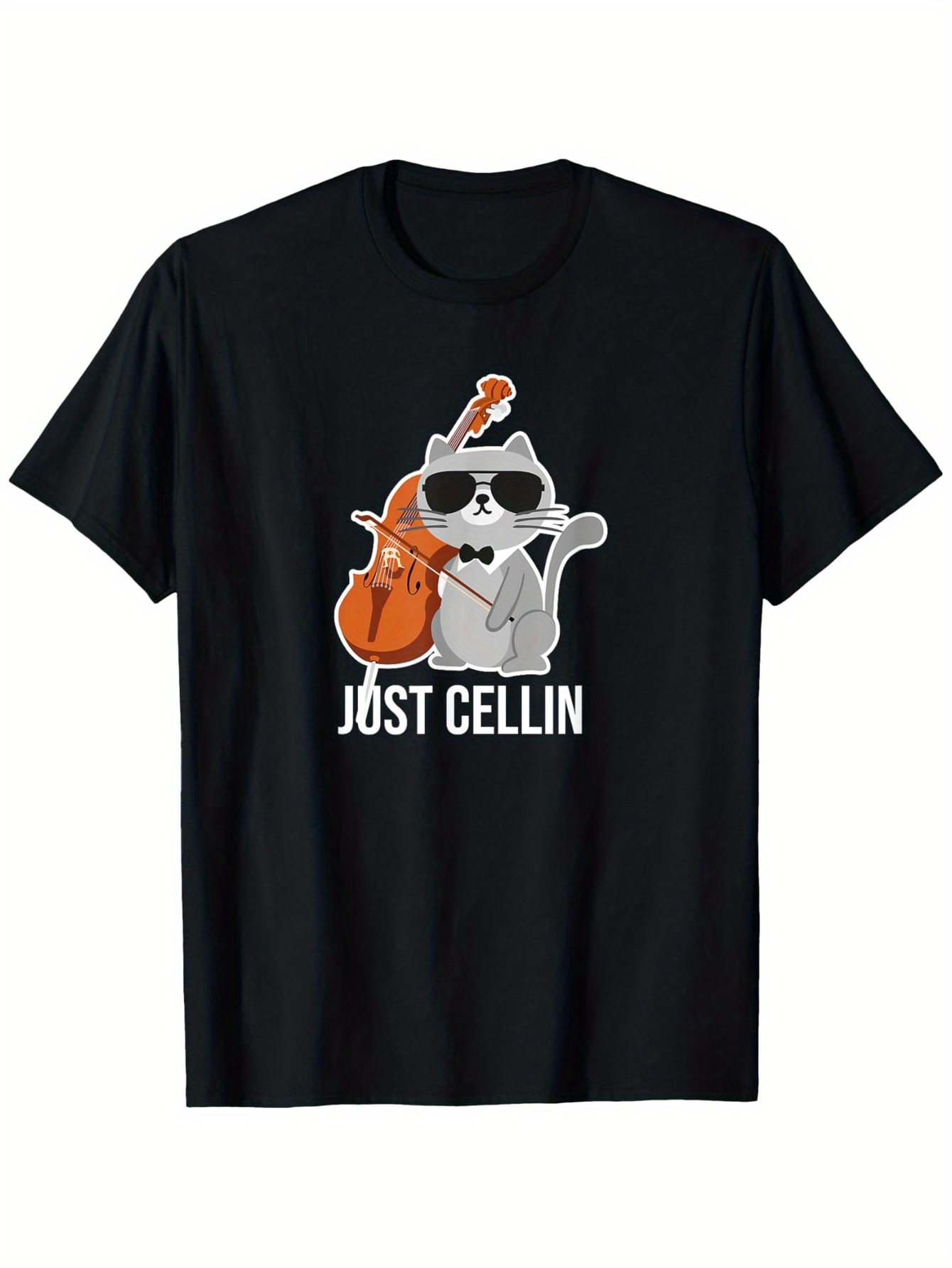Men's Graphic T-Shirt Just Cellin Cool Sunglasses Cat Playing Cello On Black Shirt