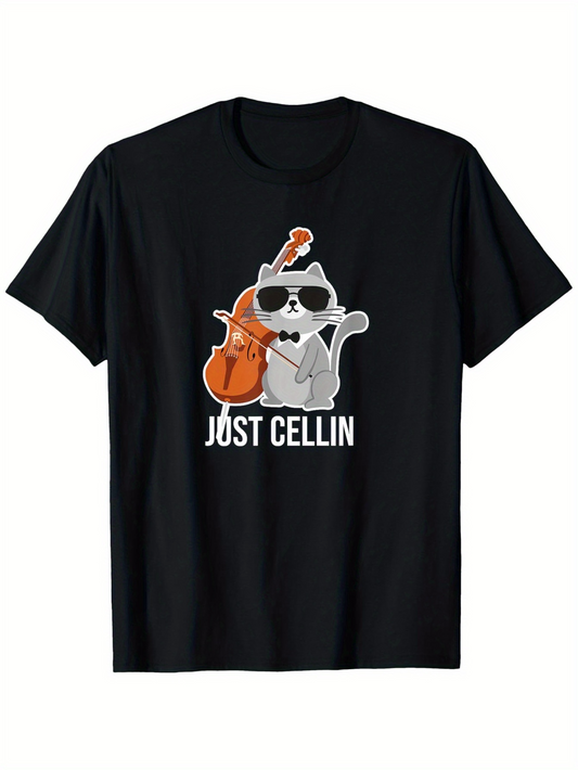 Men's Graphic T-Shirt Just Cellin Cool Sunglasses Cat Playing Cello On Black Shirt