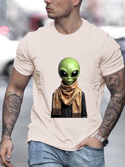 Men's Graphic T-Shirt Urban Street Fashion With Green Alien Figure Wearing Scarf