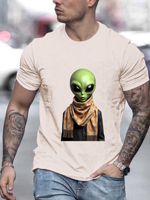 Men's Graphic T-Shirt Urban Street Fashion With Green Alien Figure Wearing Scarf