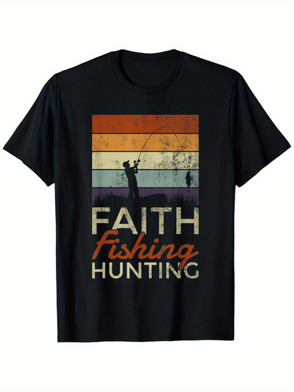 Men's Graphic T-Shirt Faith Fishing Hunting Silhouette Sunrise Retro Style With Two People