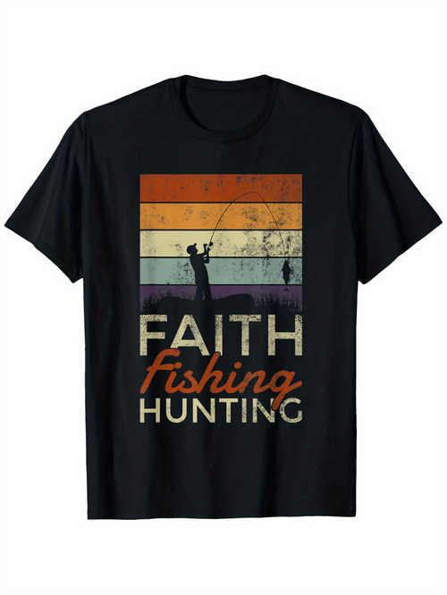 Men's Graphic T-Shirt Faith Fishing Hunting Silhouette Sunrise Retro Style With Two People