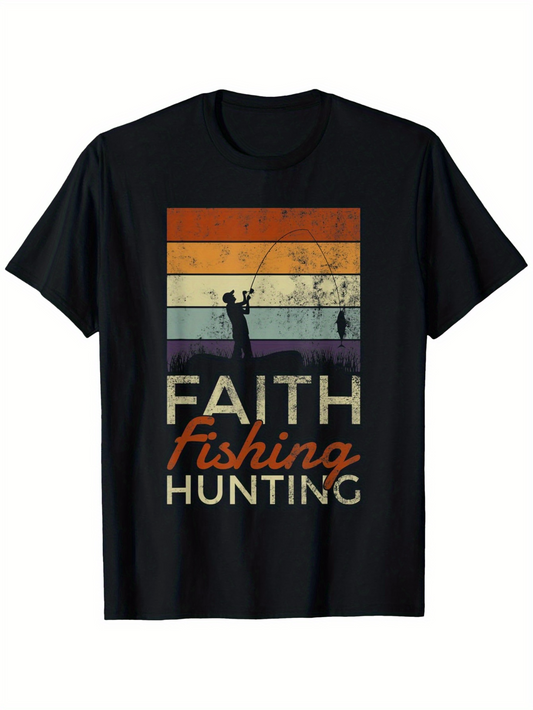 Men's Graphic T-Shirt Faith Fishing Hunting Silhouette Sunrise Retro Style With Two People