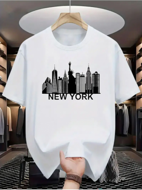 Men's Graphic T-Shirt New York Urban Skyline Silhouette In Black On White Shirt