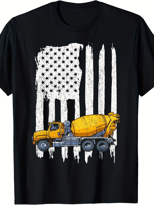 Men's Graphic T-Shirt Yellow Cement Truck With Grunge American Flag Background