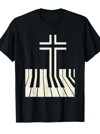 Men's Graphic T-Shirt Distressed Piano Keys Melting Into Upright Church Cross Design